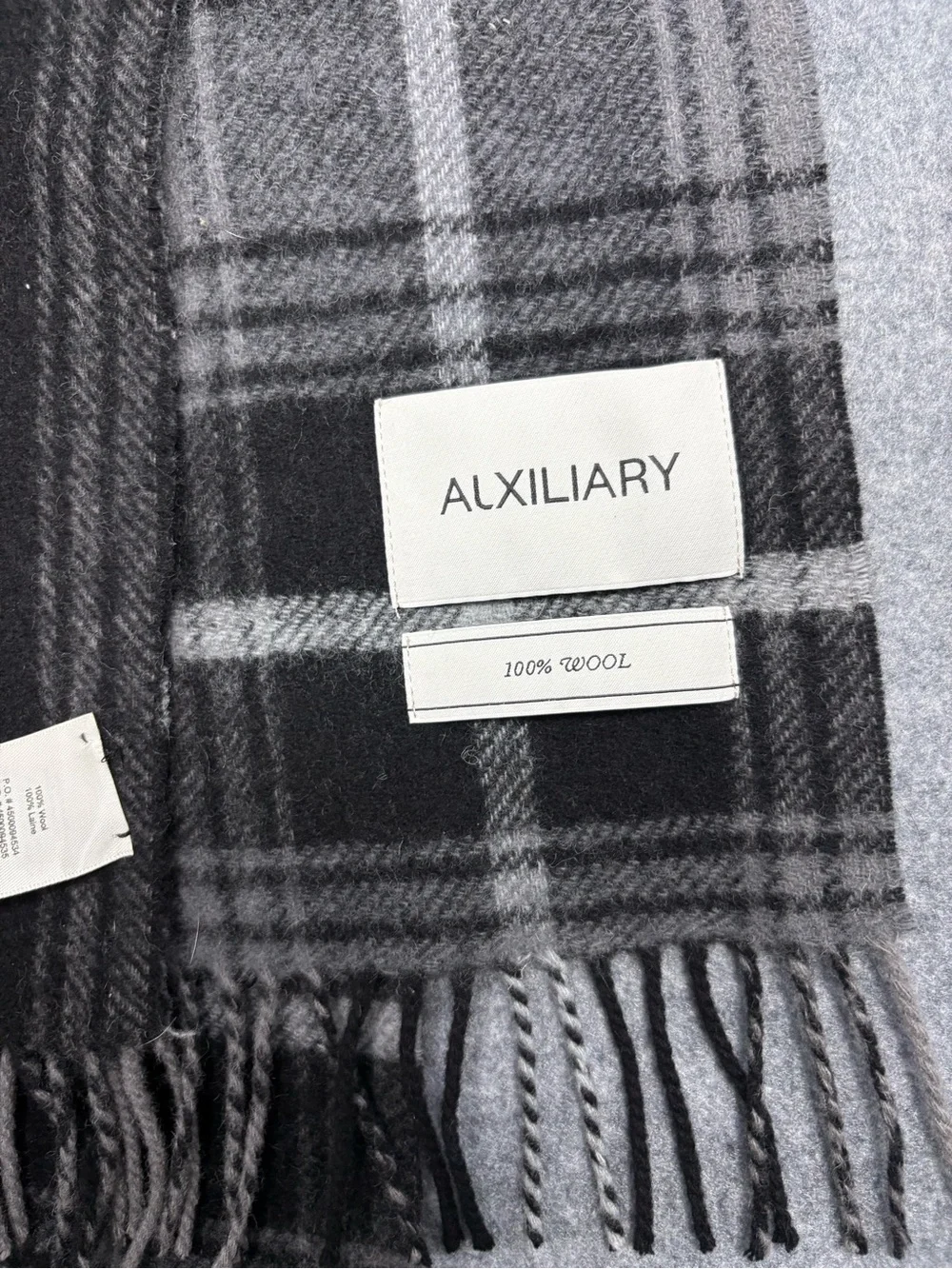 ALXILIARY 100% Wool Black Gray Plaid Fringe Oversized Scarf